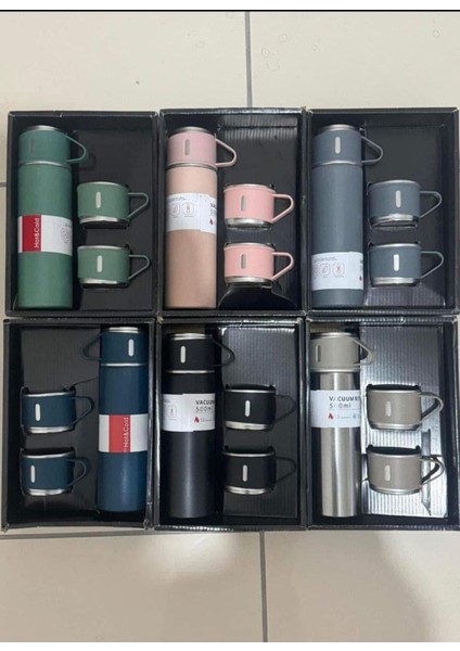 Vakumlu Termos 500 ml 3 Bardaklı Sıcak-Soğuk Içecek 500 ml Krom Pembe 12 Saat Kutulu Cn