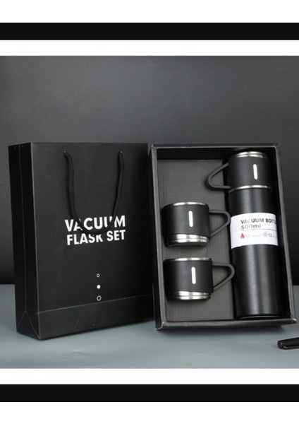 Stainless Steel Vacuum Flask Paslanmaz Çelik Bardaklı Termos 3 Bardaklı 500 ml 0,55 L Çelik Lacivert