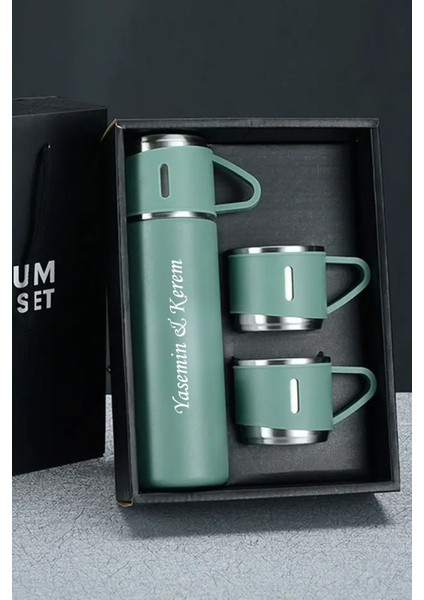Kişiye Özel Isimli Paslanmaz Çelik Termos 3 Bardak Yeşil Renk Çanta Hediyeli