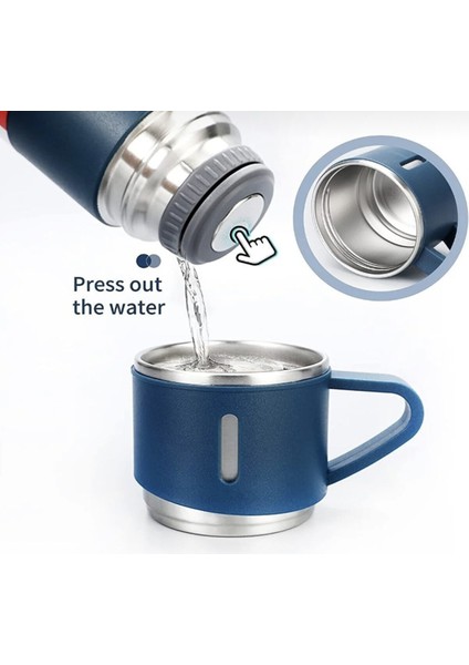 Paslanmaz Çelik Termos 3 Bardaklı Termos Seti Vakumlu Termos Set Hediye Seti Içecek 500 ml Metal Mav fırsatları