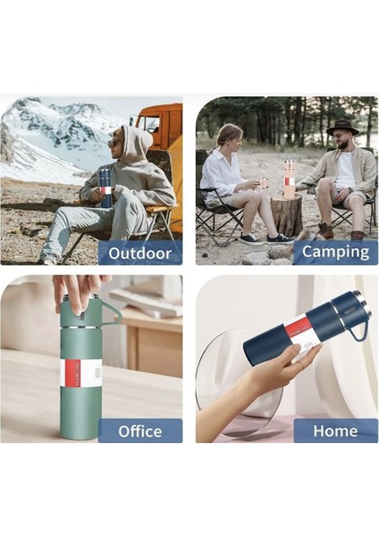 Paslanmaz Çelik Termos 3 Bardaklı Termos Seti Vakumlu Termos Set Hediye Seti Içecek 500 ml Metal Mav indirimleri