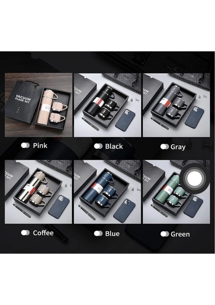 Paslanmaz Çelik Termos 3 Bardaklı Termos Seti Vakumlu Termos Set Hediye Seti Içecek 500 ml Metal Mav