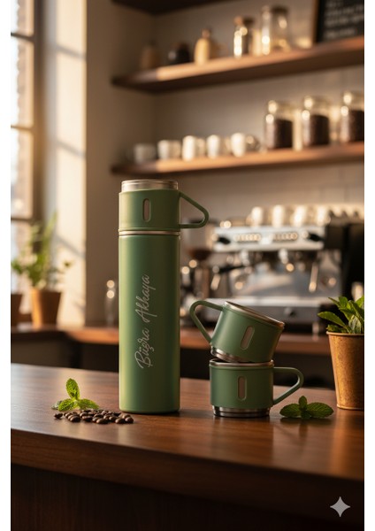 500ML 3 Bardaklı Termos Set Premium A+ Kalite Paslanmaz Çelik Kahve Termosu Hediye Çantalı
