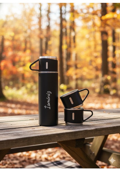 Termos Seti Paslanmaz Çelik 3 Bardaklı Vakumlu Termos Set 500 ml 12 Saate Kadar Isı Koruma Yemek Kut