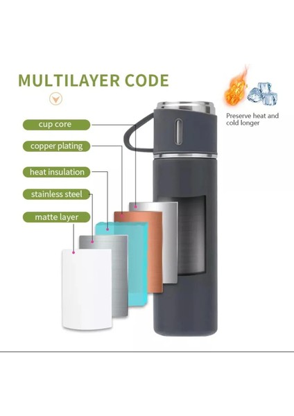 Paslanmaz Çelik Sızdırmaz Vakumlu Hediye Paketli 450ML 3 Bardaklı Termos Seti Çay Kahve Termosu >550 indirimleri