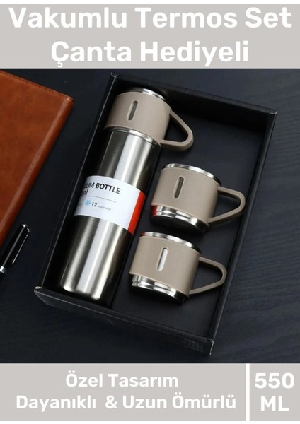 Özel Üretim Paslanmaz Çelik 3 Bardaklı Soğuk Sıcak Termos Vakumlu Termos Set Çanta Hediyeli 550 ml >
