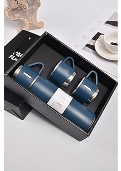 Çay Termosu 500ML 3 Bardaklı Set Premium Paslanmaz Çelik Kahve Termosu Sıcak Tutan Termos Çantalı