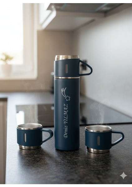 Sıcak Su Termosu 500ML 3 Bardaklı Set A+ Kalite Çelik Kahve Termosu Hediye Çantalı