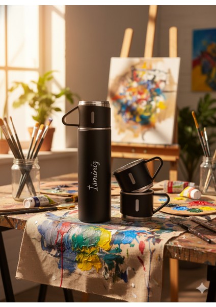 Sıcak Tutan Termos 500ML Premium A+ Kalite 3 Bardaklı Çelik Termos Seti Hediye Çantalı