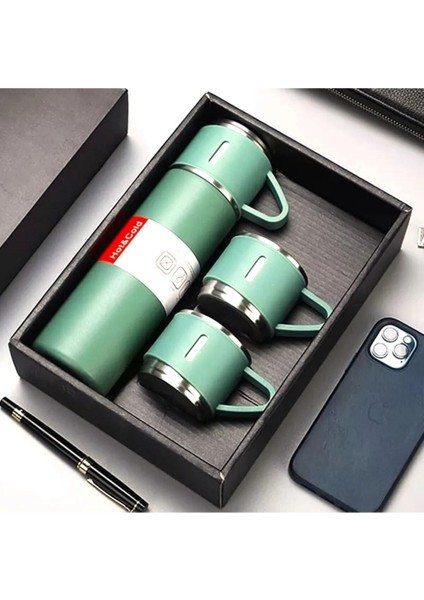 Paslanmaz Çelik Çift Katmanlı 500 ml 3 Bardaklı Set Termos Sıcak Soğuk Termos Içecek 500 ml Çelik gr