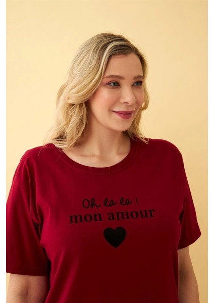 Kadın Bordo Kalp Desenli Büyük Beden Kapri Pijama Takımı modelleri