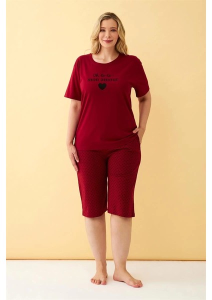 Kadın Bordo Kalp Desenli Büyük Beden Kapri Pijama Takımı fırsatları