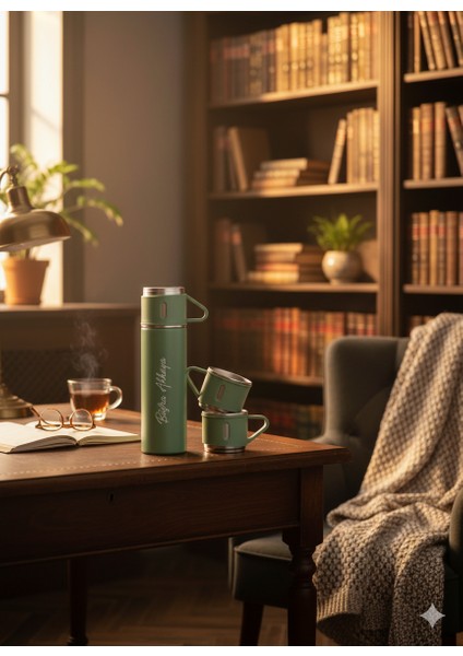 Termos Suluk 500ML 3 Bardaklı Paslanmaz Çelik Set Kahve Çay Termosu Premium Çanta Hediyeli