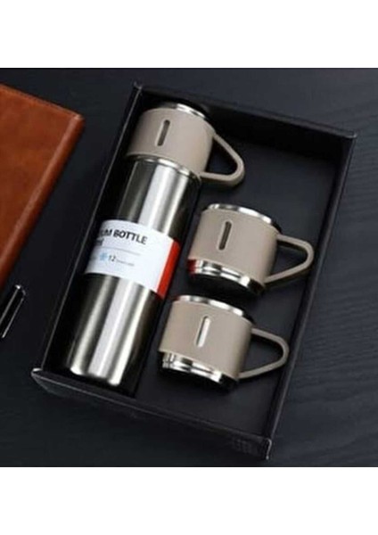 Paslanmaz Çelik Termos Siyah Renk 3 Bardaklı Termos Seti Vakumlu Termos Set 450-550 ml Içecek Paslan