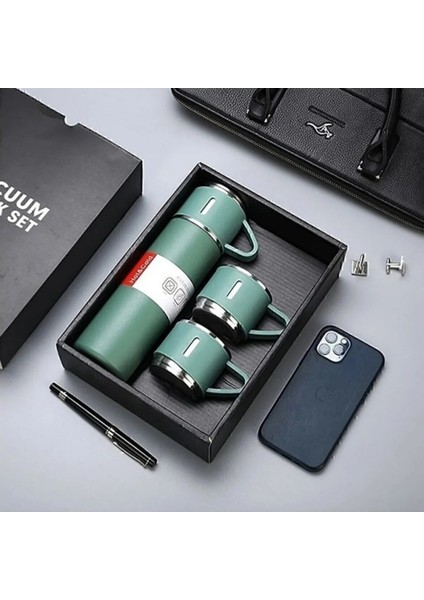 Termos Paslanmaz Çelik 3 Bardaklı Vakumlu Termos Set 500 Ml, 12 Saate Kadar Isı Koruma >550 ml Içece