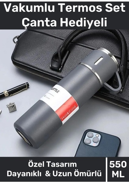 Paslanmaz Çelik Black 3 Adet Bardaklı Piknik Kamp Okul Servis ve Ikram Için Su Meşrubat Çay Termos Ç