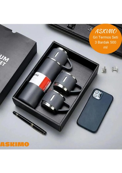 Paslanmaz Çelik Termos Yeşil Renk 3 Bardaklı Termos Seti Vakumlu Termos Set 500 ml Içecek 500 ml Pas