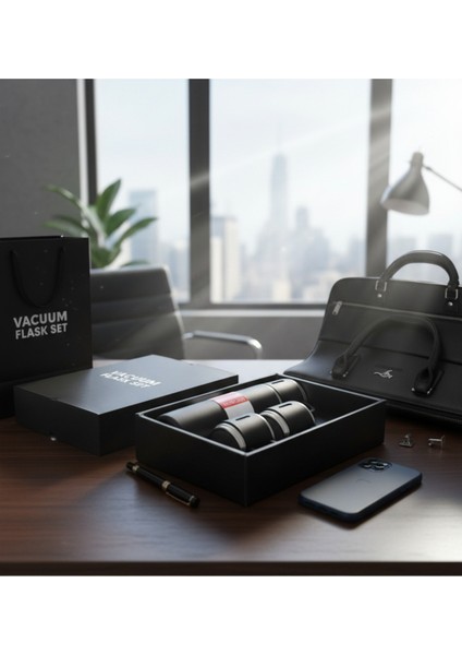 Termos 3 Bardaklı Set Termos 500ML Içecek 500 ml Çelik Siyah 12 Saat