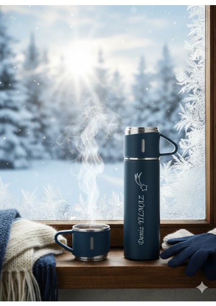 Özel Kutusunda 3 Bardaklı 500 ml Çelik Termos 0,50 L Içecek Paslanmaz Çelik Mavi 12 Saat Kutulu