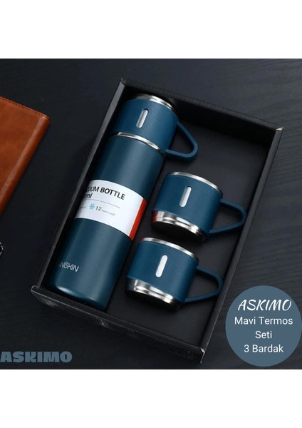 Paslanmaz Çelik Termos Siyah Renk 3 Bardaklı Termos Seti Vakumlu Termos Set 500 ml Içecek 500 ml Pas