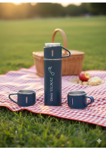Çelik Termos 500ML 3 Bardaklı Sıcak Tutan Kahve Termosu Premium A+ Kalite Hediye Çantalı