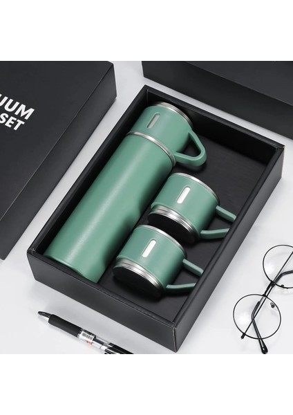 Premium 3 Bardaklı Çay Termosu 500ML Paslanmaz Çelik Kahve Termosu Çantalı Termos Seti