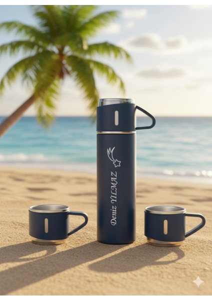 A+ Kalite Çelik Termos 500ML 3 Bardaklı Set Kahve Termosu Sıcak Tutan Termos Çantalı Hediye