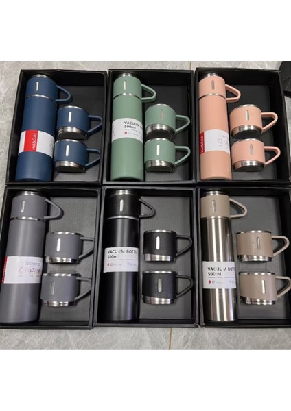 A+ Kalite Çelik Termos 500ML 3 Bardaklı Set Kahve Termosu Sıcak Tutan Termos Çantalı Hediye modelleri