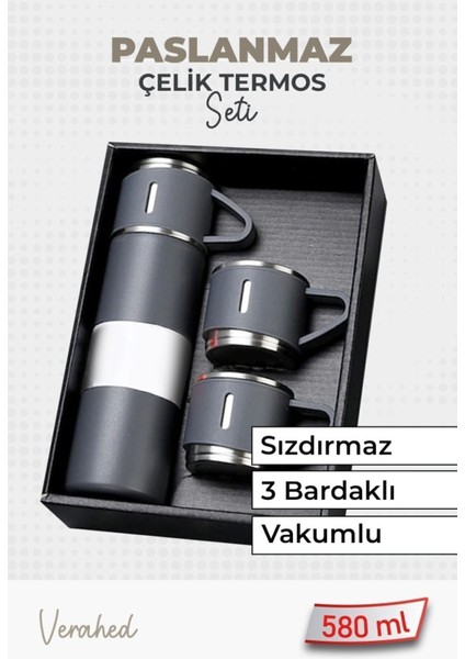 Paslanmaz Çelik - 3 Bardaklı Vakumlu Termos Set 580 ml - 12 Saate Kadar Isı Korumalı Termos Içecek 5