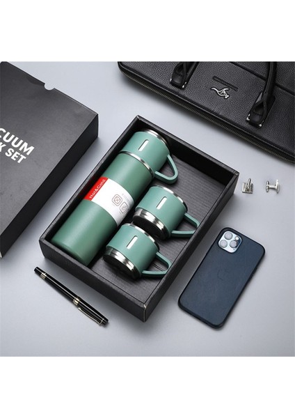 Paslanmaz Çelik Termos 3 Bardaklı Termos Seti Vakumlu Termos Set Hediye Seti Içecek 500 ml Metal Gri