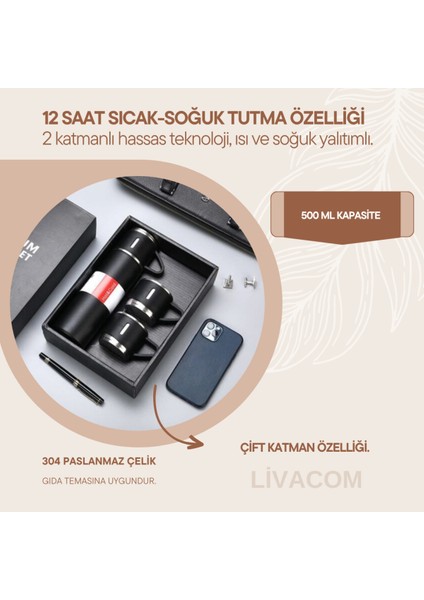 Paslanmaz Çelik Isı Yalıtımlı Termos 3 Bardaklı Termos Seti Vakumlu Termos Set Çanta Hediyeli Içece