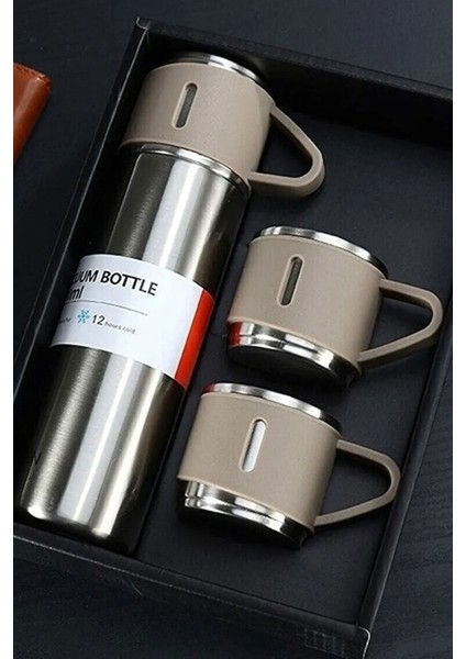 A+ Kalite Çelik Termos 500ML 3 Bardaklı Set Kahve Termosu Sıcak Tutan Termos Çantalı Hediye
