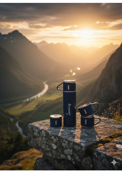 500ML 3 Bardaklı Termos Set Premium Kalite Paslanmaz Çelik Kahve Termosu Hediye Çantalı