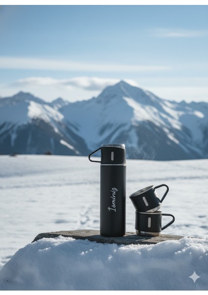 500 ml Termos 3 Bardaklı Set A+ Kalite Çelik Termos Bardak Kahve Termosu Hediye Çantalı