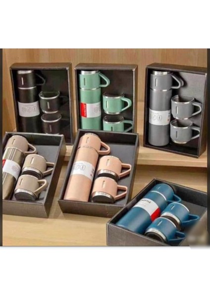 3 Bardaklı Termos 24 Saat Sıcak ve Soğuk Korumalı 1 L Içecek Paslanmaz Çelik Lacivert 24 Saat Kutulu