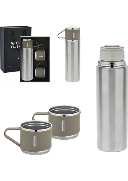 Vacuum Bottle Paslanmaz Çelik Termos 3 Bardaklı 500 ml Kutulu Sızdırmaz Set Çelik 0,50 L Siyah