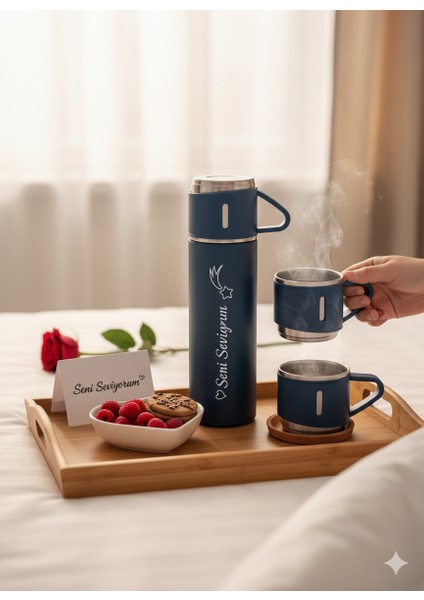 Erkek Termos 500ML 3 Bardaklı A+ Kalite Paslanmaz Çelik Kahve Termosu Hediye Çantalı