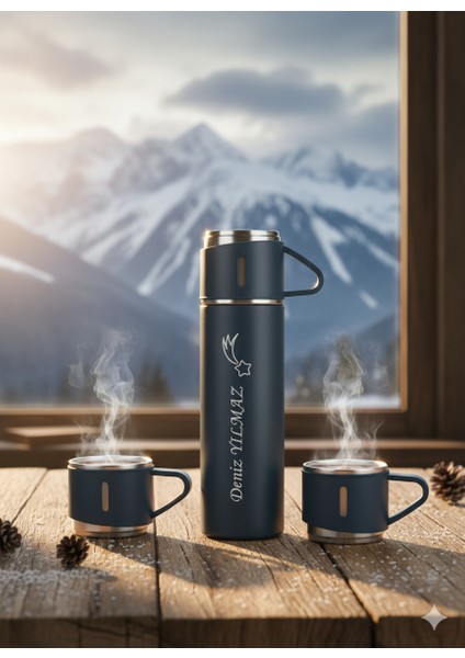 Premium 3 Bardaklı Çay Termosu 500ML Paslanmaz Çelik Kahve Termosu Hediye Çantalı Set