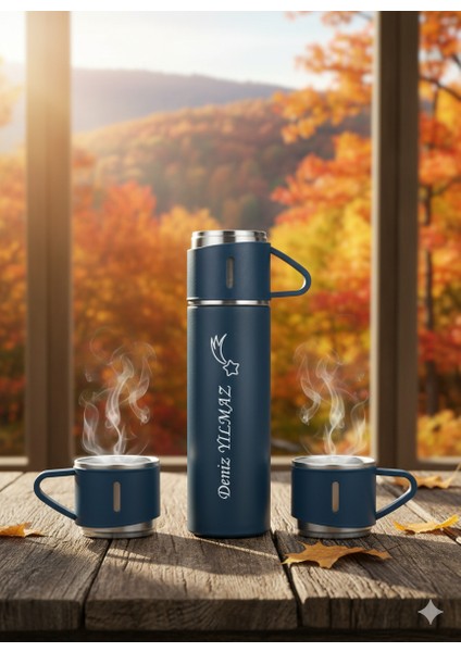 A+ Kalite 3 Bardaklı Termos Set 500ML Paslanmaz Çelik Kahve Termosu Kamp Termosu Çantalı