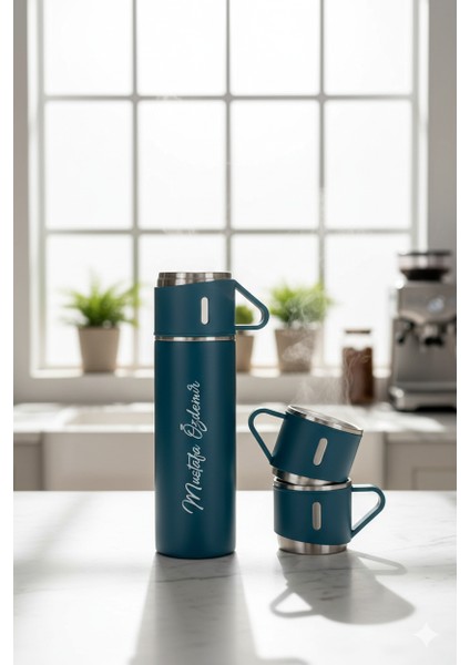 3 Bardaklı Termos 500ML Premium Kalite Paslanmaz Çelik Kahve Çay Termosu Hediye Çantalı