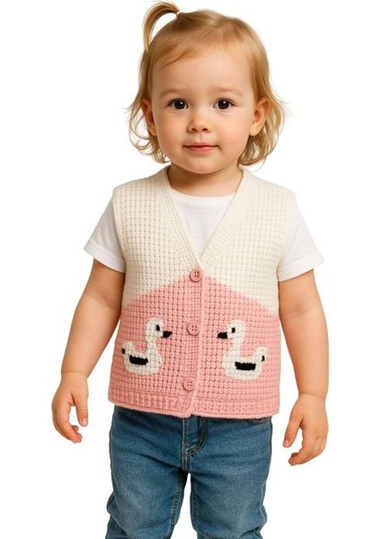 5585 El Örgüsü Ördek Desenli Örgü Yelek - 1 - 3 Yaş