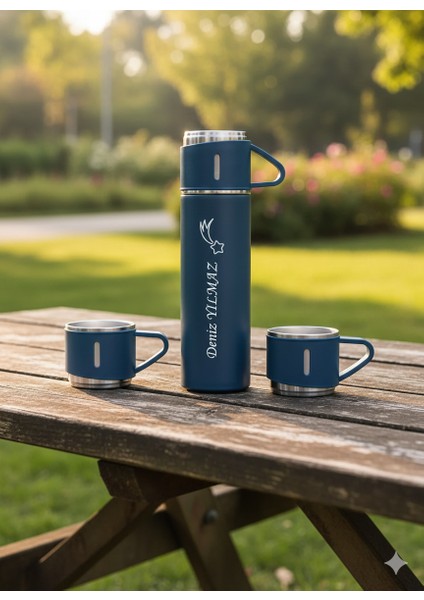 Çay Termosu 500ML 3 Bardaklı Premium Çelik Termos Kahve Termosu Sıcak Tutan Hediye Çantalı