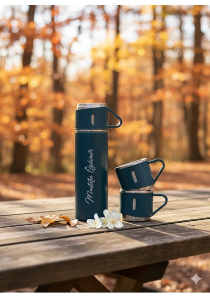 3 Bardaklı Termos 500ML Paslanmaz Çelik Sıcak Tutan Kahve Termosu Premium Çanta Hediye