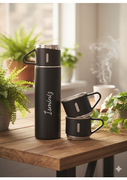 500 ml Termos Seti 3 Bardaklı A+ Kalite Paslanmaz Çelik Kahve Çay Termosu Hediye Çantalı