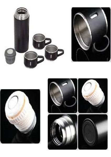 Termos 3 Bardaklı Vacuum Bottle Içecek 500 ml Paslanmaz Çelik Gri 12 Saat