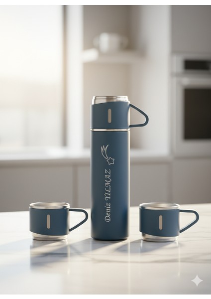 Çelik Termos 500ML 3 Bardaklı Set A+ Kalite Paslanmaz Çelik Kahve Termosu Çay Termosu Çantalı