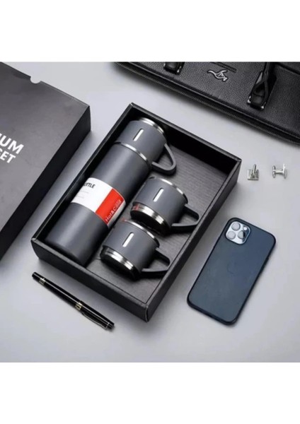 Termos Seti 500ML 3 Bardaklı A+ Kalite Paslanmaz Çelik Kahve Çay Termosu Çantalı Hediye