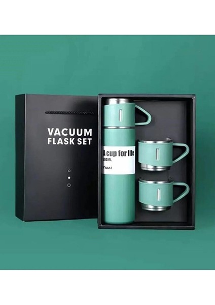 500 ml Çelik Termos 3 Bardaklı Set Premium Kahve Termosu Çay Termosu Hediye Çantalı