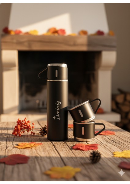 Paslanmaz Çelik Termos 500ML 3 Bardaklı Premium Kahve Termosu Çay Termosu Çanta Hediyeli
