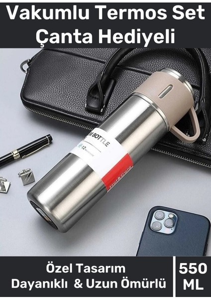 Özel Üretim Paslanmaz Çelik 3 Bardaklı Soğuk Sıcak Termos Vakumlu Termos Set Çanta Hediyeli 550 ml >